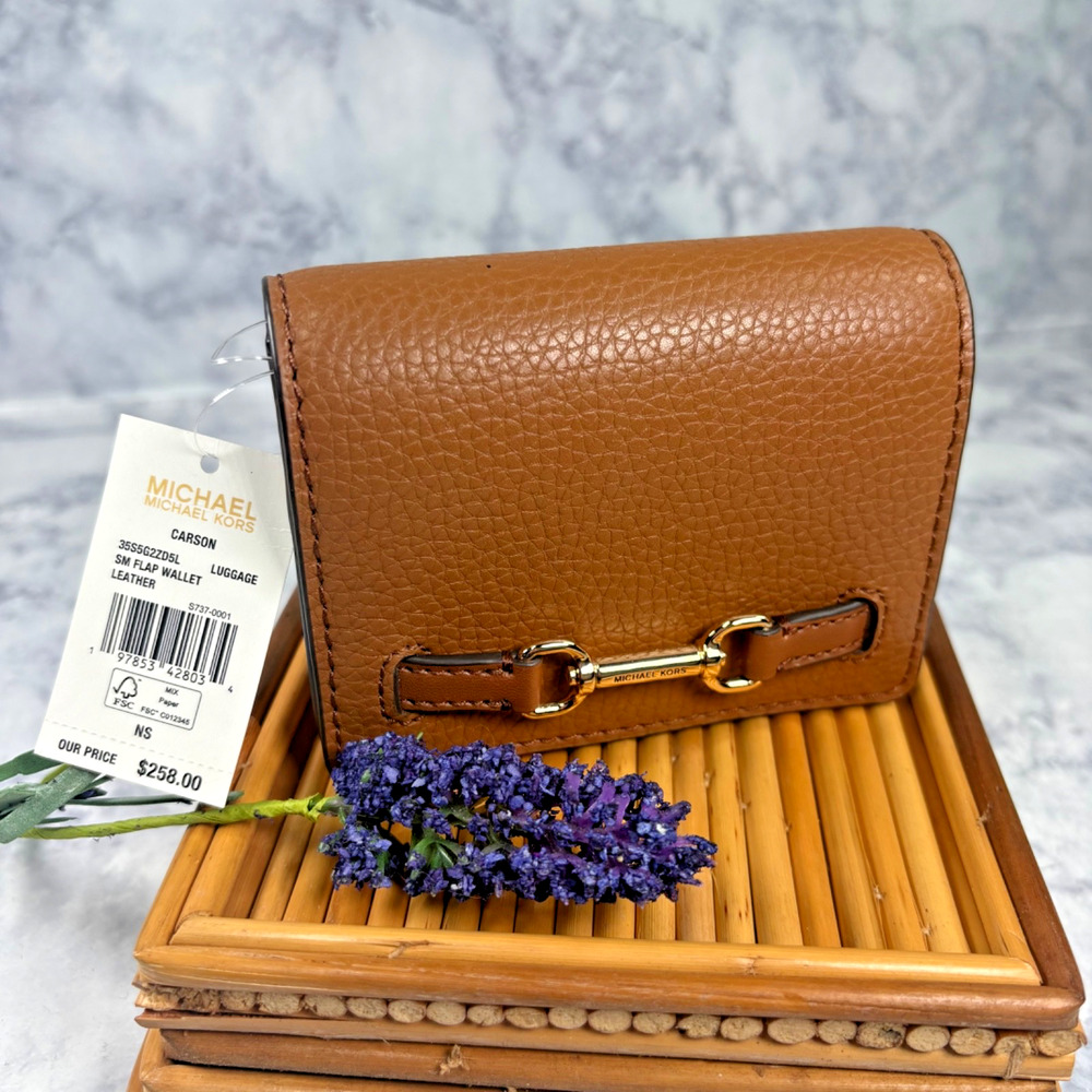 Michael Kors Carson Flap Brown Horse Bit Wallet Luggage Pebbled Leather NEW Tags